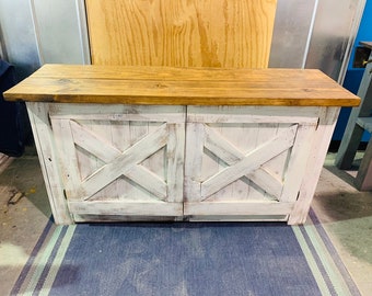 Rustic Farmhouse Buffet Distressed White Base and Provincial Brown Top, Wooden Cabinet with Doors, Server, Entertainment Stand with Storage
