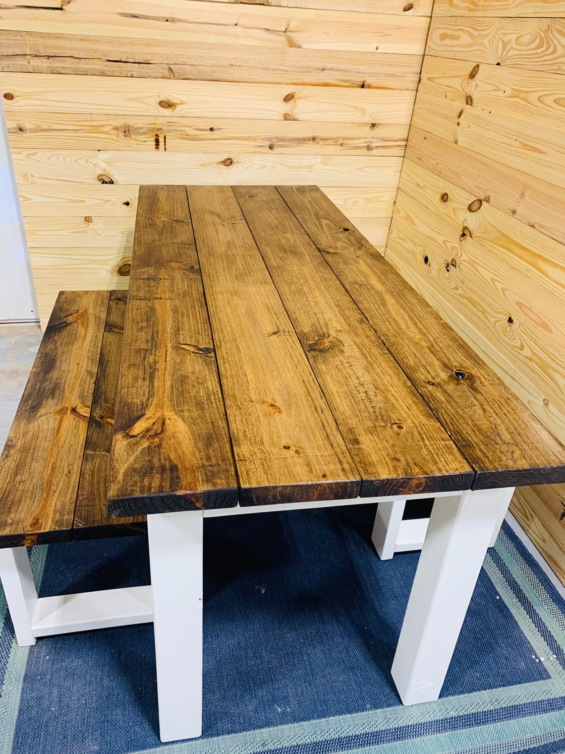 Narrow Rustic Farmhouse Table Set With Benches White Base and - Etsy
