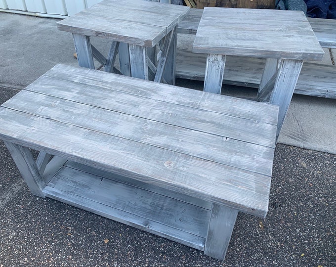 Farmhouse Living Room Set, End Tables Set and Coffee Table with Distressed White Base Gray White Wash Top, Rustic Living Room Furniture X