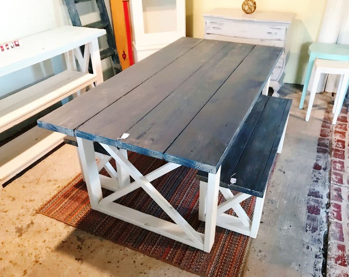 Rustic Farmhouse Table With Benches with Charcoal Colored Top and Weathered White Base and Cross Brace Design