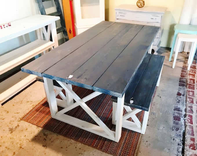 Rustic Farmhouse Table With Benches with Charcoal Colored Top and Weathered White Base and Cross Brace Design