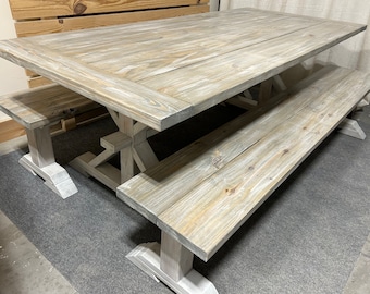Farmhouse Trestle Table Set: Gray White Wash, Distressed White, Long Benches