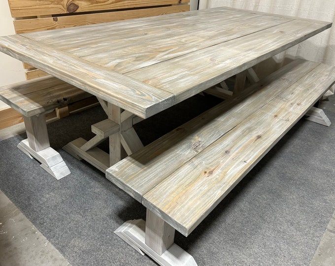 Farmhouse Trestle Table Set - With Benches - Gray White Wash, Distressed White - Long Dining Table - Kitchen Table