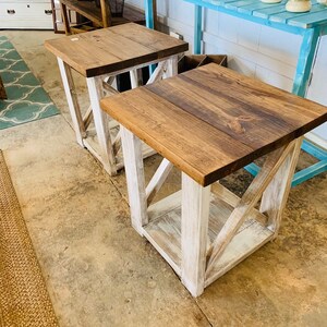 Rustic Handmade End Tables Set with Shelve, Distressed White Base with Provincial Brown Top of Farmhouse Side Tables, X Criss Cross Style image 9