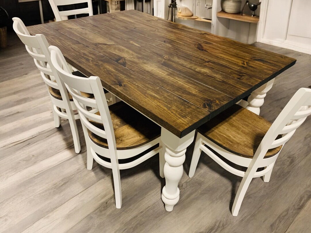 farmhouse-dining-table-set-antique-white-dark-walnut-top-etsy