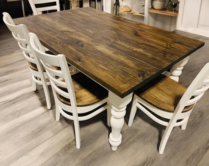 Dining Table Set - Farmhouse Table and Bench - Antique White Chunky Turned Legs - Dark Walnut Top - Wooden Kitchen Table Set