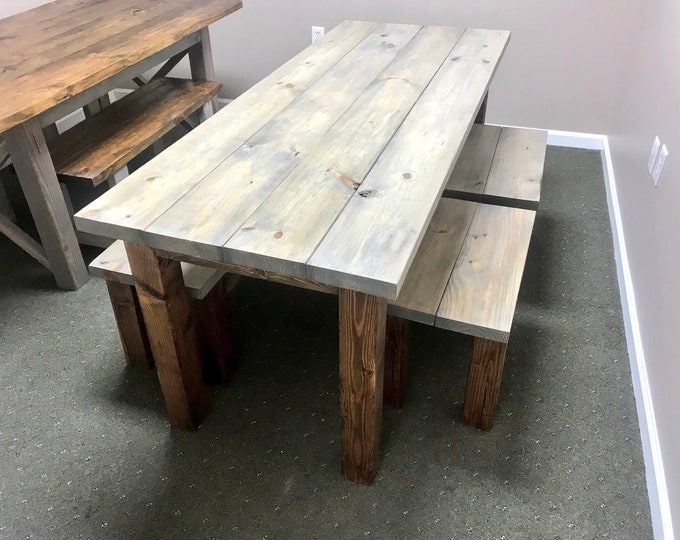 Rustic Wooden Farmhouse Table Set with Provincial Brown base and Classic Gray top Includes One Bench and Two Stools