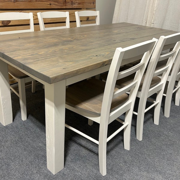 Wooden Farmhouse Table Dining Set - With Chairs - Classic Gray and Antique White - Real Wood Kitchen Table Set