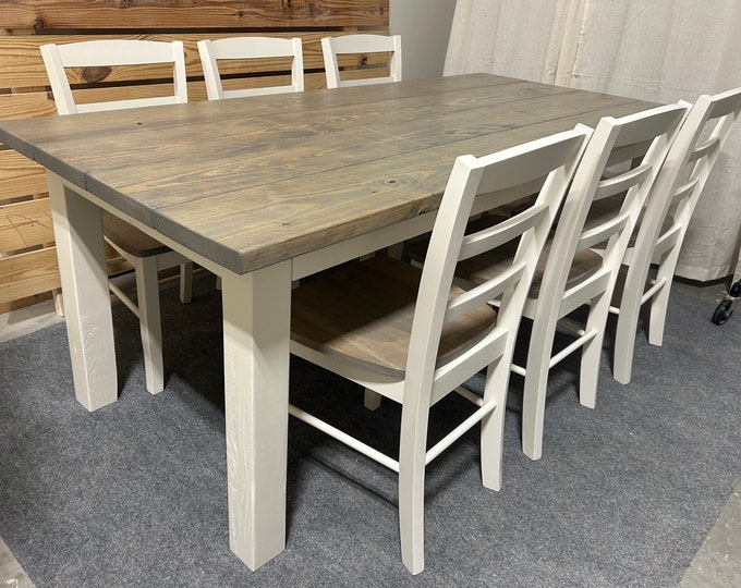 Wooden Farmhouse Table Dining Set - With Chairs - Classic Gray and Antique White - Real Wood Kitchen Table Set