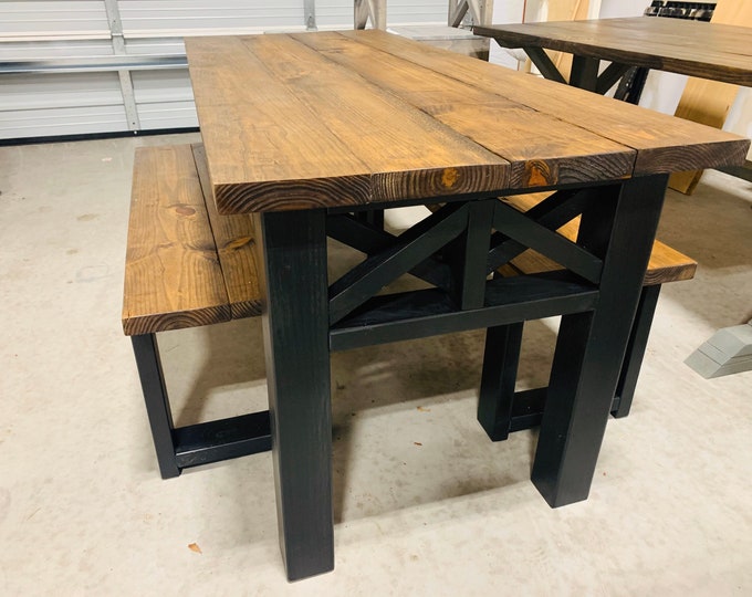 Rustic Wooden Farmhouse Table Set with Provincial Brown Top and True Black Base Criss Cross Style Includes Two Benches