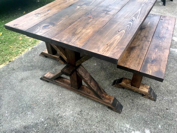 Rustic Pedestal Farmhouse Table With Benches Dark Walnut Brown