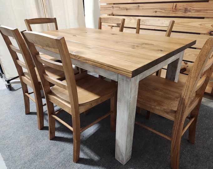 5ft Dining Table - Distressed White, Early American Brown - Wooden Farmhouse Kitchen Table - Real Wood