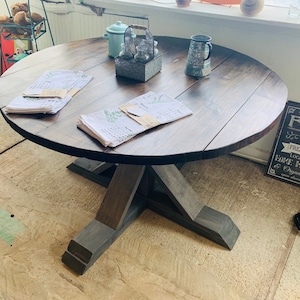 Round Farmhouse Dining Table: Dark Walnut Top, Gray Pedestal Base