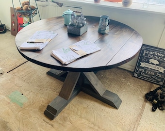 Round Rustic Farmhouse Table, Single Pedestal  Style Base, Dark Walnut Brown Top with Gray Base, Small Wooden Dining Table