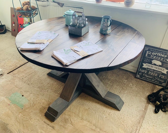 Round Rustic Farmhouse Table, Single Pedestal  Style Base, Dark Walnut Brown Top with Gray Base, Small Wooden Dining Table