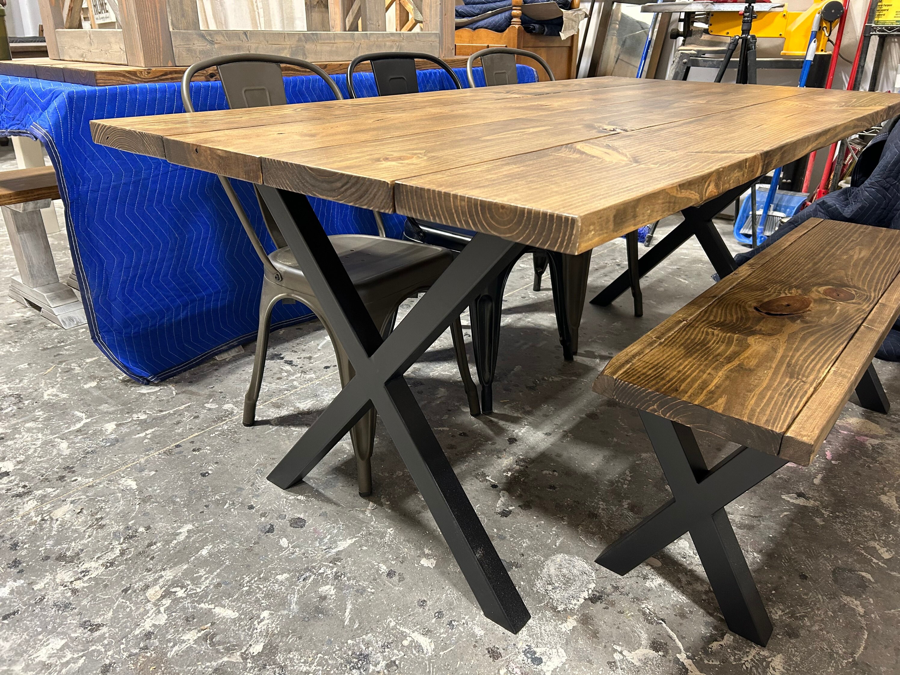 Rustic Industrial Farmhouse Table with Bench and Chairs Handcrafted