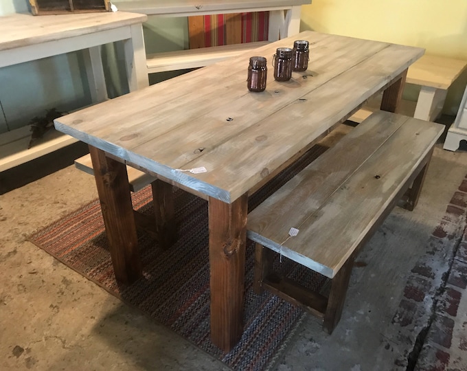 Rustic Farmhouse Table Set with Gray White Wash Includes Matching Benches, Provincial Brown Base, Dining Decor, Dining Table