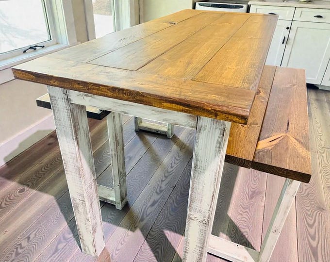Counter Height Farmhouse Table with Benches, 6ft Narrow Pine Dining Set