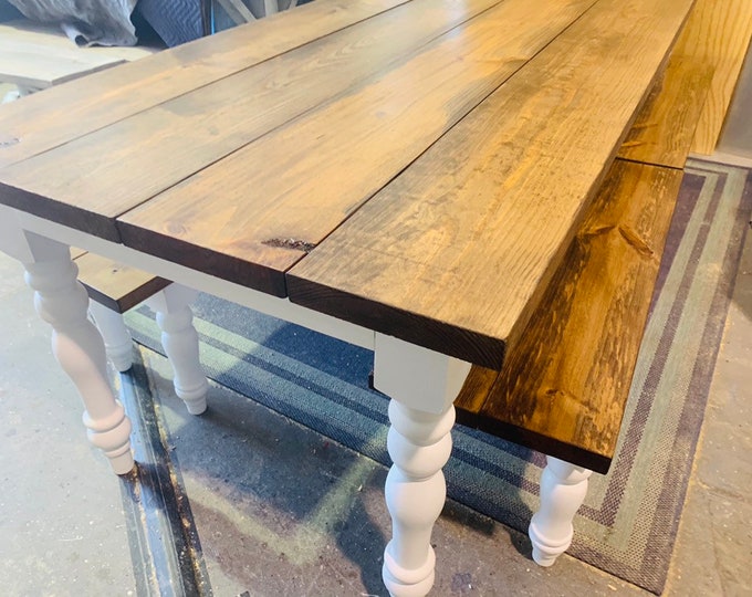 8 Foot Rustic Farmhouse Table with Bench Set, Turned Leg Long Banquet Table, White Base, and Provincial Brown Top, Wooden Dining Room Set