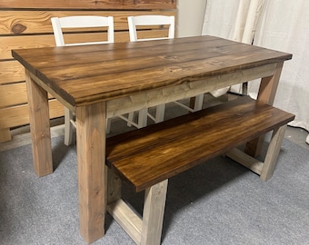 Farmhouse Dining Table Set: Gray & Provincial Brown, Bench Seating