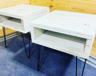 Modern Side Table with Hairpin Legs, White Distressed Finish, Nighstand Set or End Table Set, Industrial Side Tables