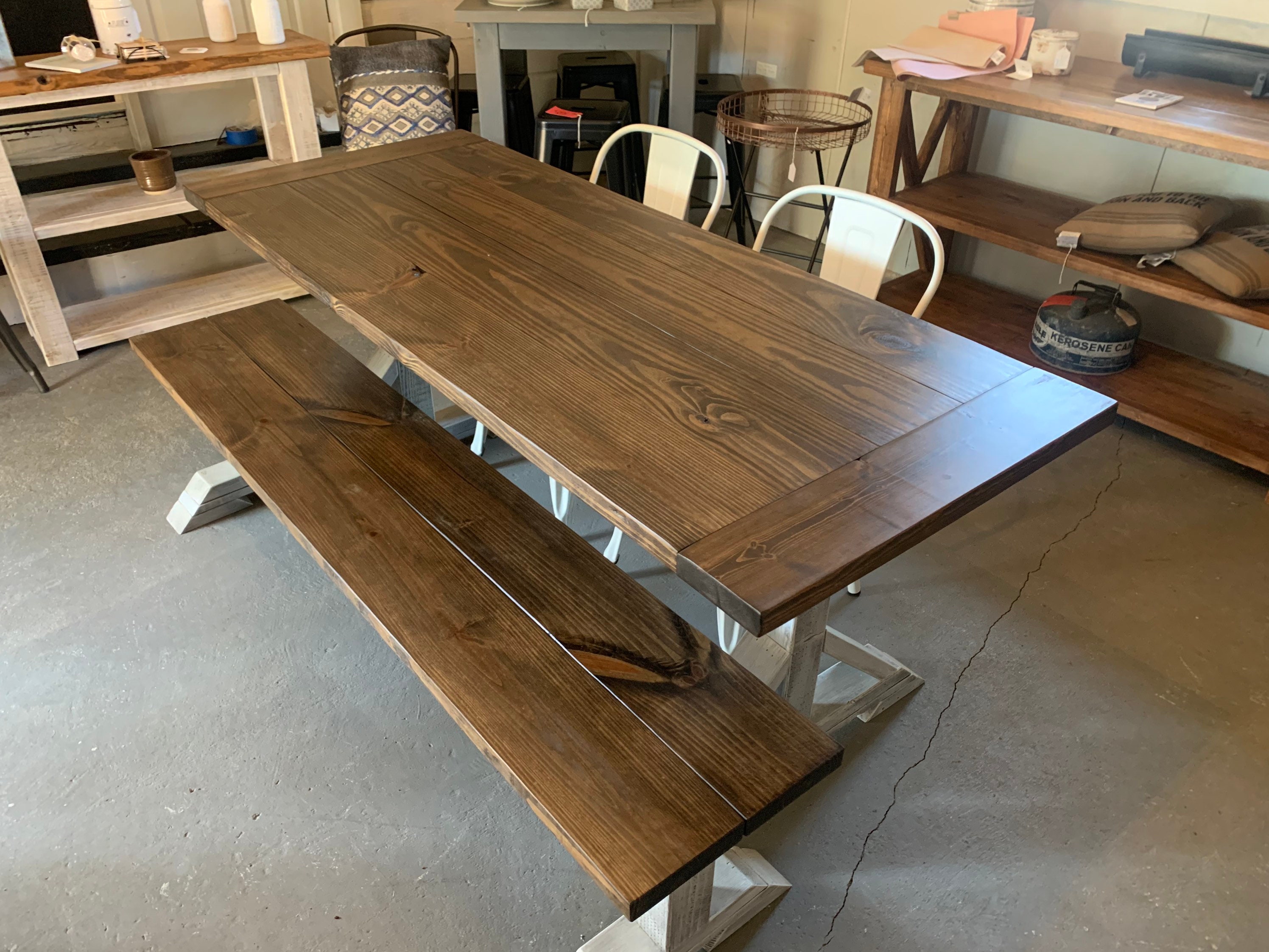 Long Pub Style Farmhouse Table Set, With Stools and Tall Benches, Dark  Walnut Top With White Distressed Base, Tall Farmhouse Table Set 