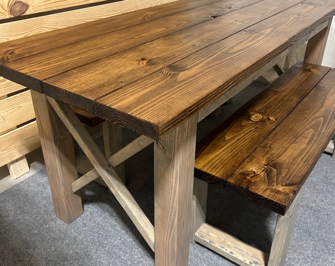 Rustic Pine Dining Set: Modern Farmhouse Charm - Perfect for Small Dining Rooms or Kitchens - Table and Benches