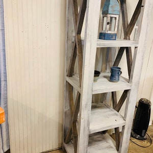 Rustic Farmhouse Bookshelf: Distressed Antique White with Gray X Accents