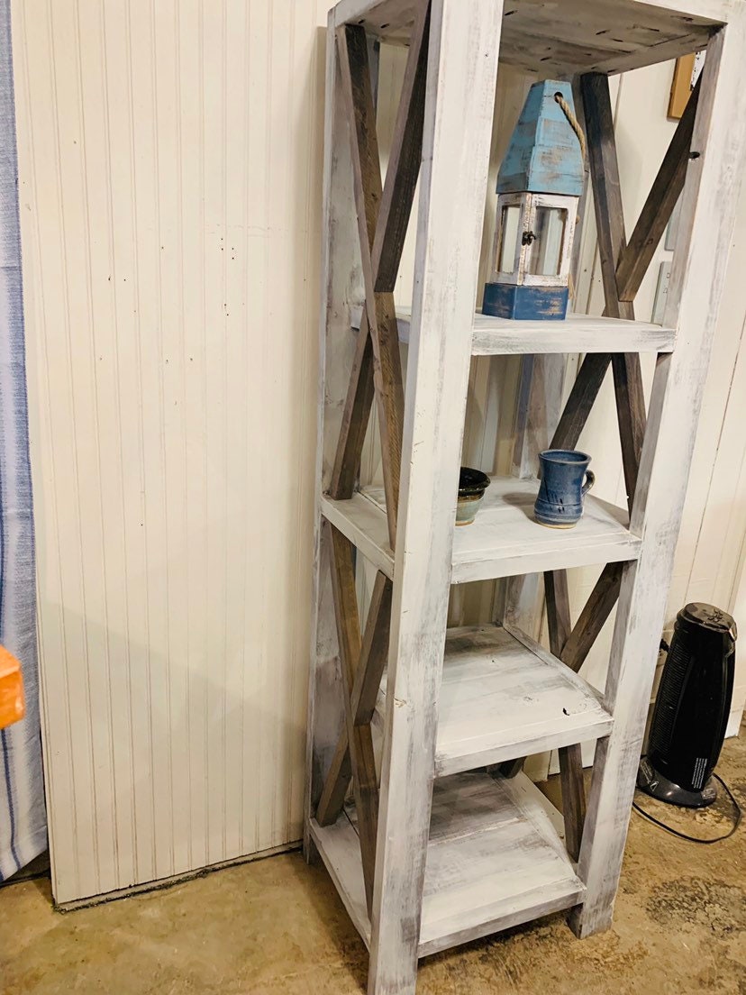 Rustic Farmhouse Style Bookshelf With a Distressed Antique Finish and Gray X Accents Wooden Shelving Bookcase Etsy