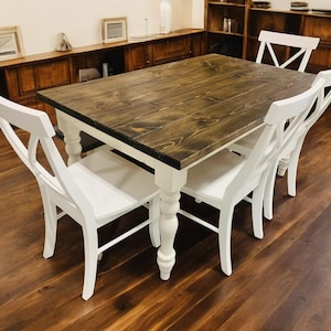 5ft Farmhouse Kitchen Table Set: White Turned Legs, Dark Walnut Top