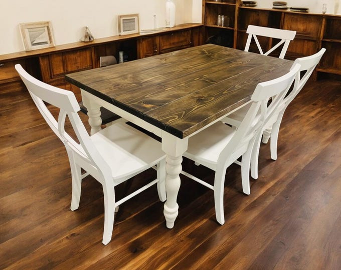 5ft Table Set - Farmhouse Style with Turned Table Legs - Chairs and Bench Seating - White and Dark Walnut - Wooden Kitchen Table Set