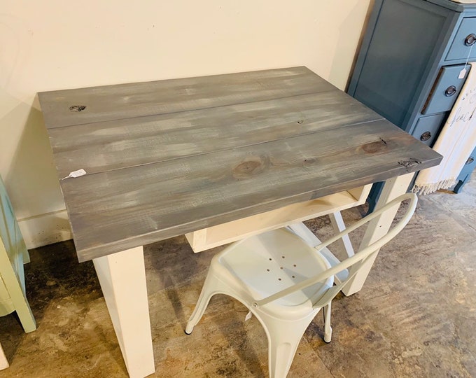 Rustic Farmhouse Desk with Storage, Antique White Base and Gray White Wash Top, Wooden Office Furniture, Deep Desk with Storage, X Accents
