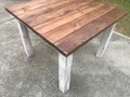 Square Farmhouse Table, Rustic Farmhouse Table, Light Walnut Brown Top Distressed White Base, Wooden Square Dining Table