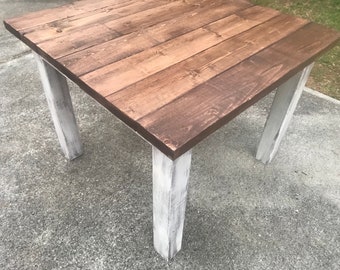 Square Farmhouse Table: Rustic Wooden Dining Table, Distressed White Base