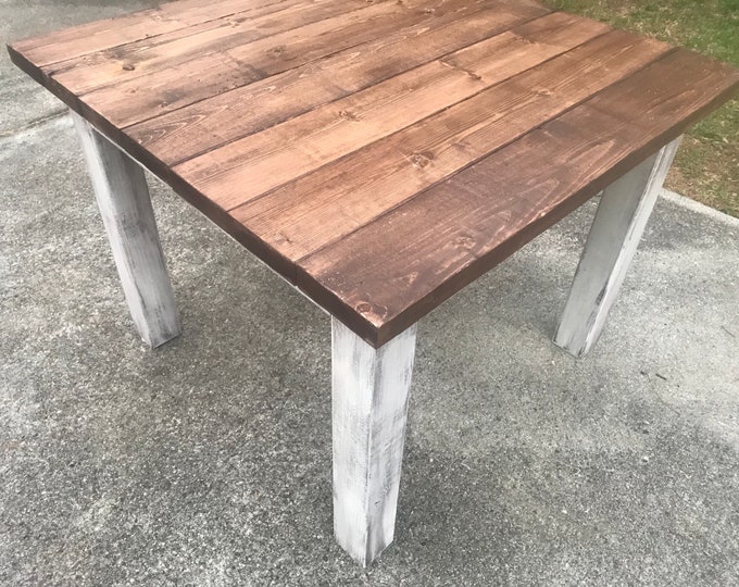 Square Farmhouse Table, Rustic Farmhouse Table, Light Walnut Brown Top Distressed White Base, Wooden Square Dining Table