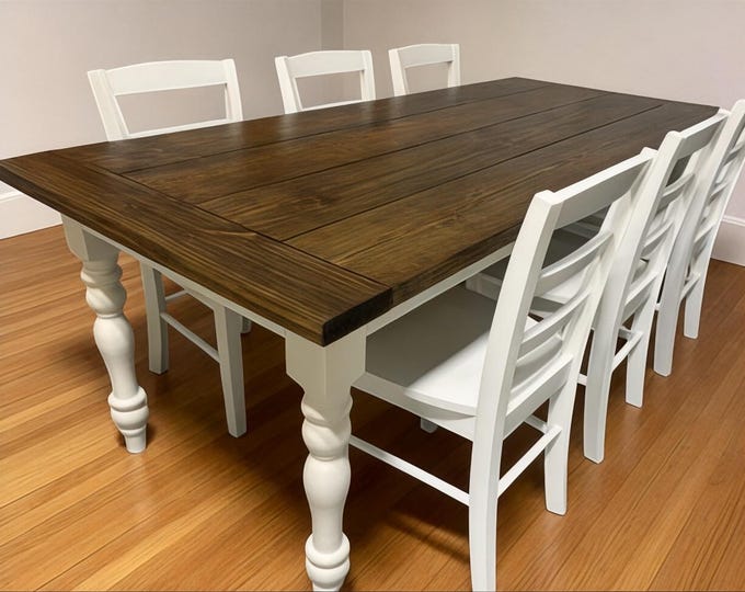 7ft French Country Farmhouse Dining Table: Dark Walnut Top, Turned Legs