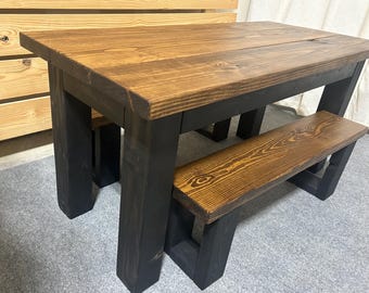 Kid's Dining Table Set - Wooden Table and Benches with a Farmhouse Style Look - Provincial Brown and Black