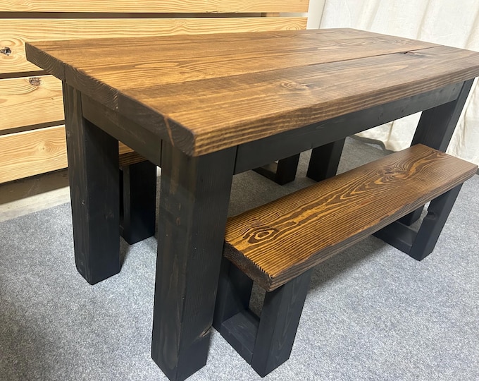 Kid's Dining Table Set - Wooden Table and Benches with a Farmhouse Style Look - Provincial Brown and Black