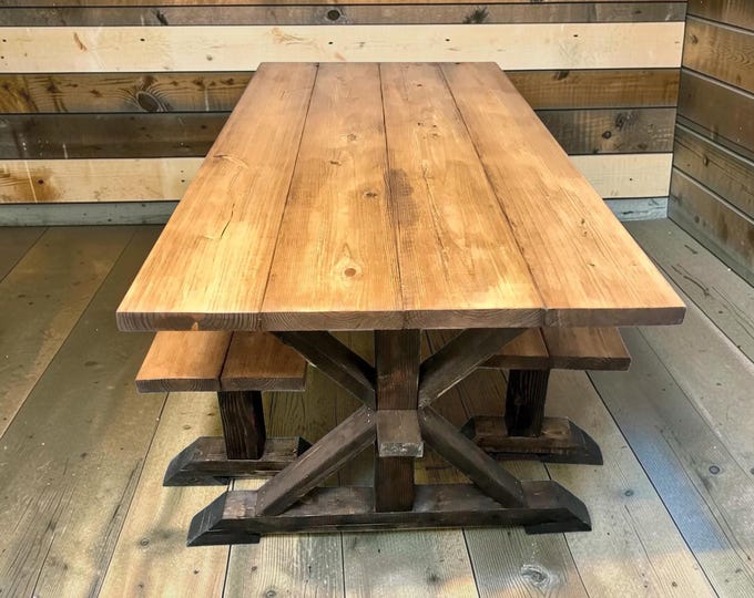 Farmhouse Dining Table Set With Benches 6ft Dark Wood Modern Rustic Handmade