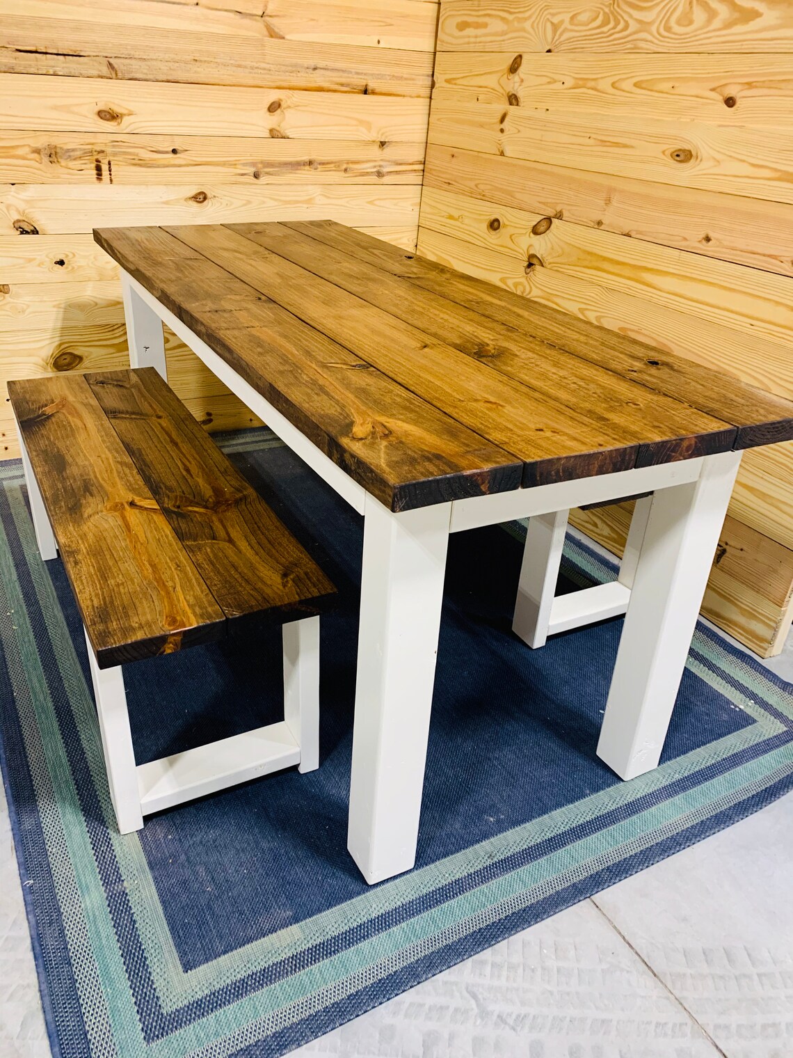 Narrow Rustic Farmhouse Table Set With Benches White Base and - Etsy