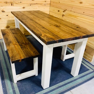 Rustic Farmhouse Table Set with Benches: Provincial Brown Top, White Base