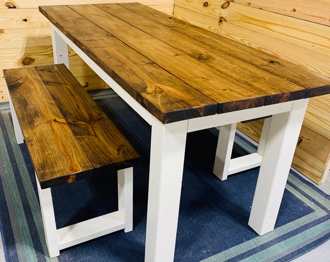 Narrow Rustic Farmhouse Table Set with Benches, White Base and  Provincial Brown Top, Dining Set and Kitchen Table Set