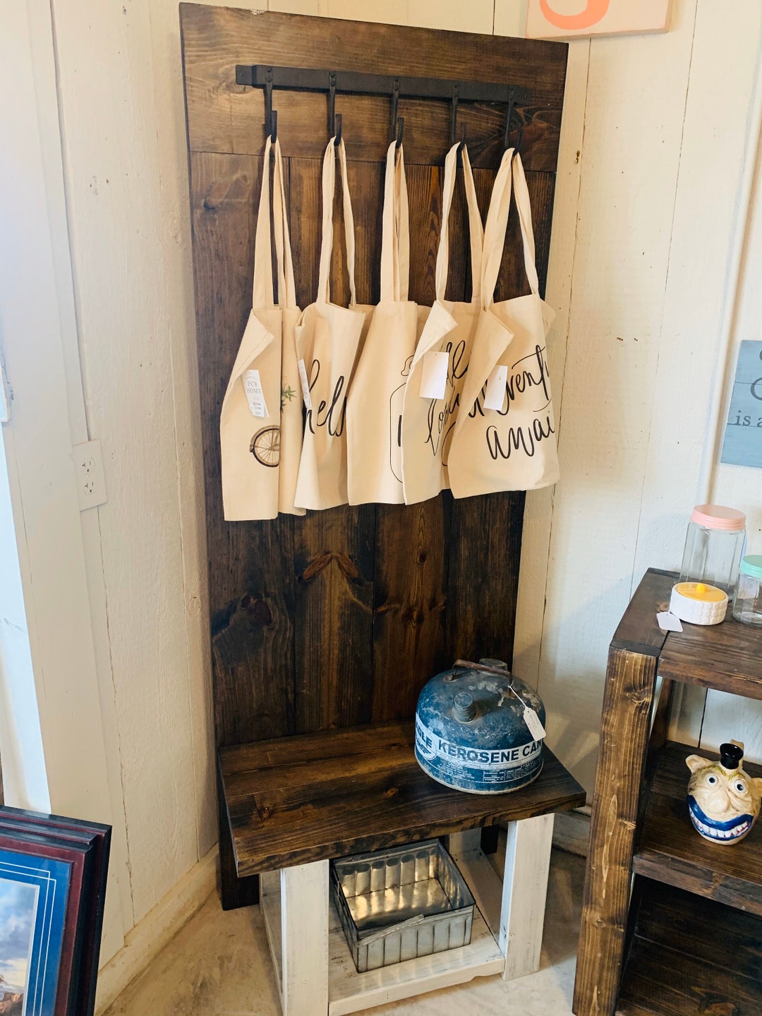 Rustic Farmhouse Hall Tree With Hooks, Solid Wood, Distressed White