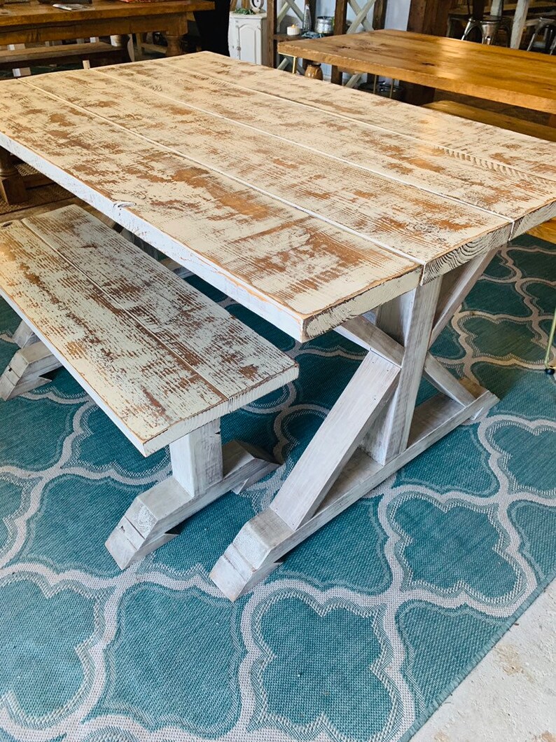 Weathered White Pedestal Farmhouse Table and Bench Distressed Etsy