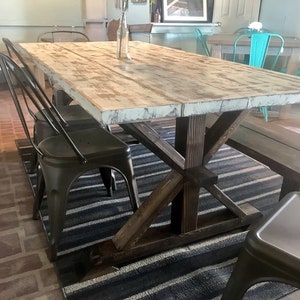 Rustic Farmhouse Dining Table Set: Weathered White Top, Dark Walnut Base, Metal Chairs