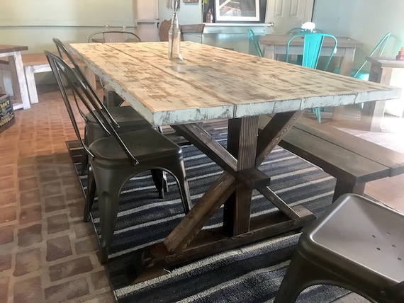 Rustic Pedestal Farmhouse Wood Table Set With Long Bench and