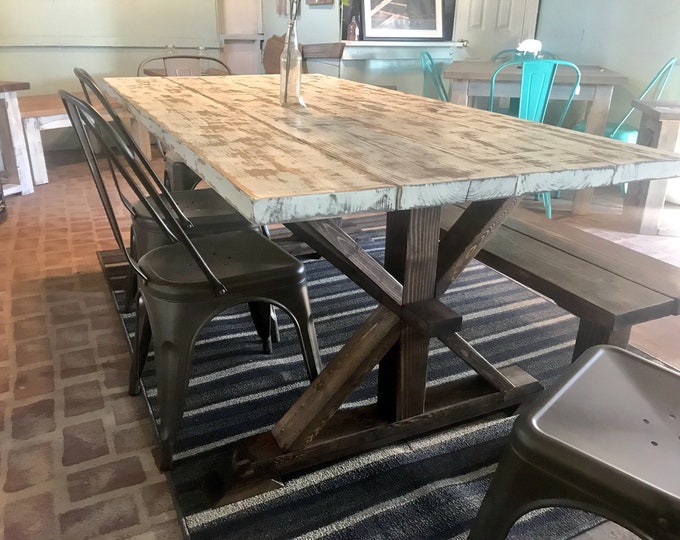 Rustic Pedestal Farmhouse Wood Table Set with Long Bench and Rustic Metal Chairs,  6ft Dining Table, Weathered White Top, Dark Walnut Base