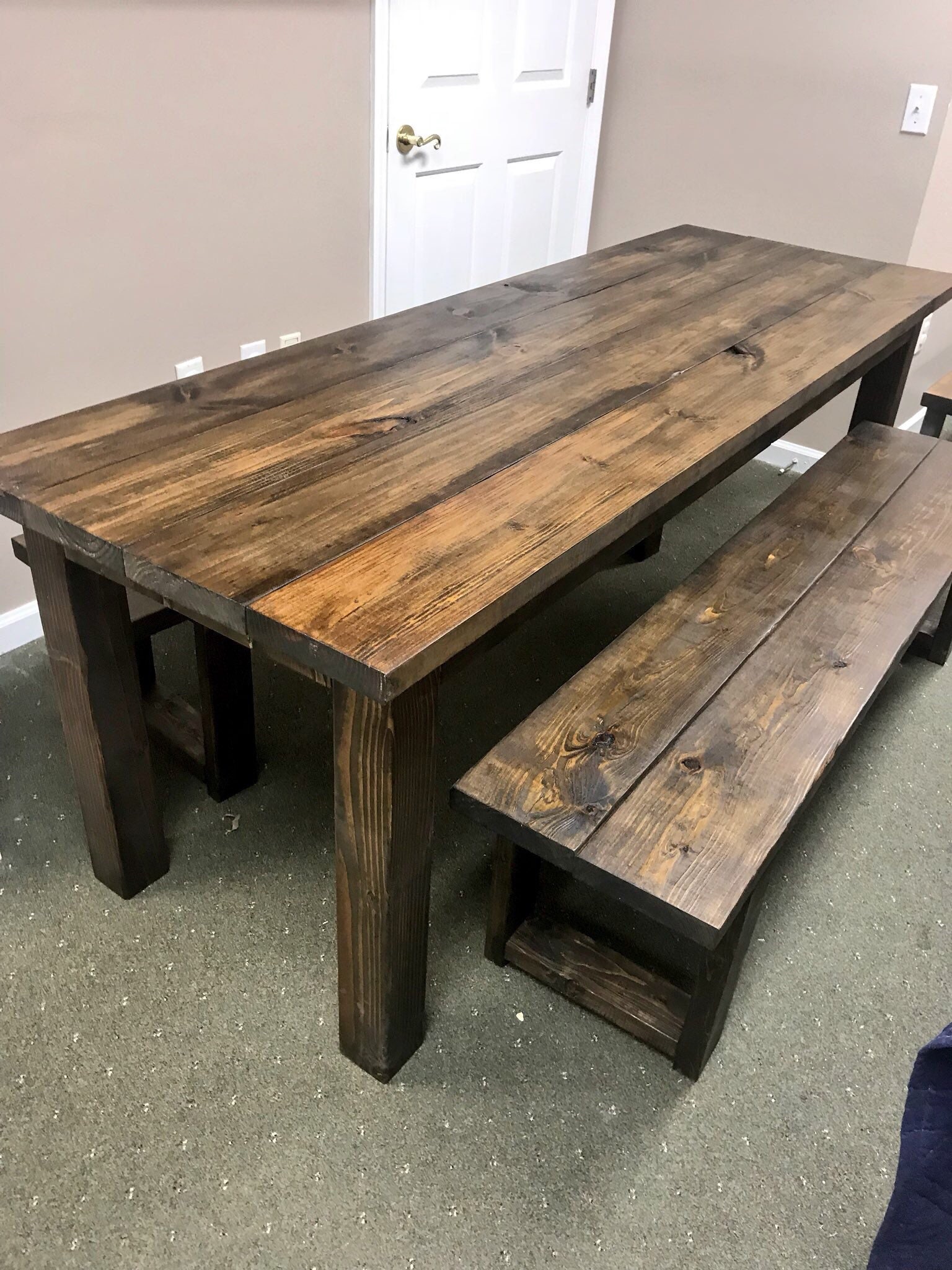 Rustic 7ft Farmhouse Table with Benches, Brown Dining Set, Table Set