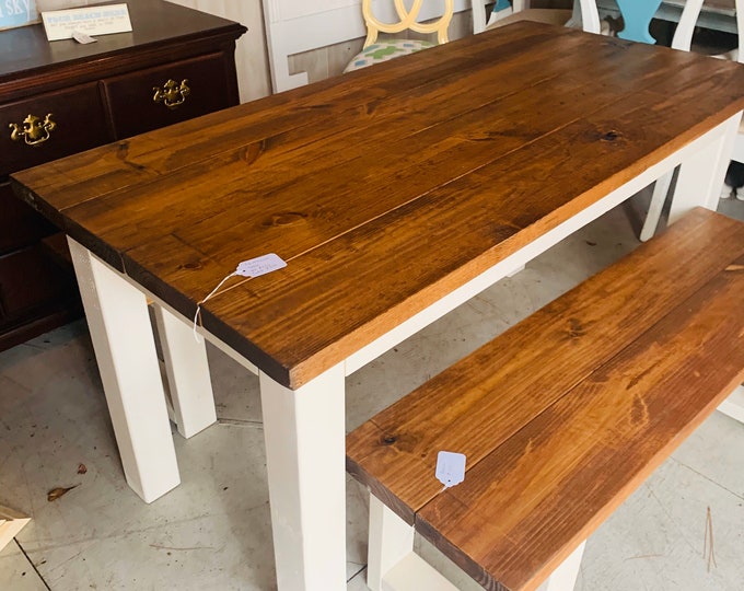 Narrow Rustic Farmhouse Table Set with Benches, White Base and Early American Brown Top, Dining Set
