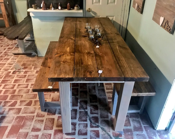 Rustic Wooden Farmhouse Table Set with Provincial Brown Top and Classic Gray Base Includes Two Benches Dining Set